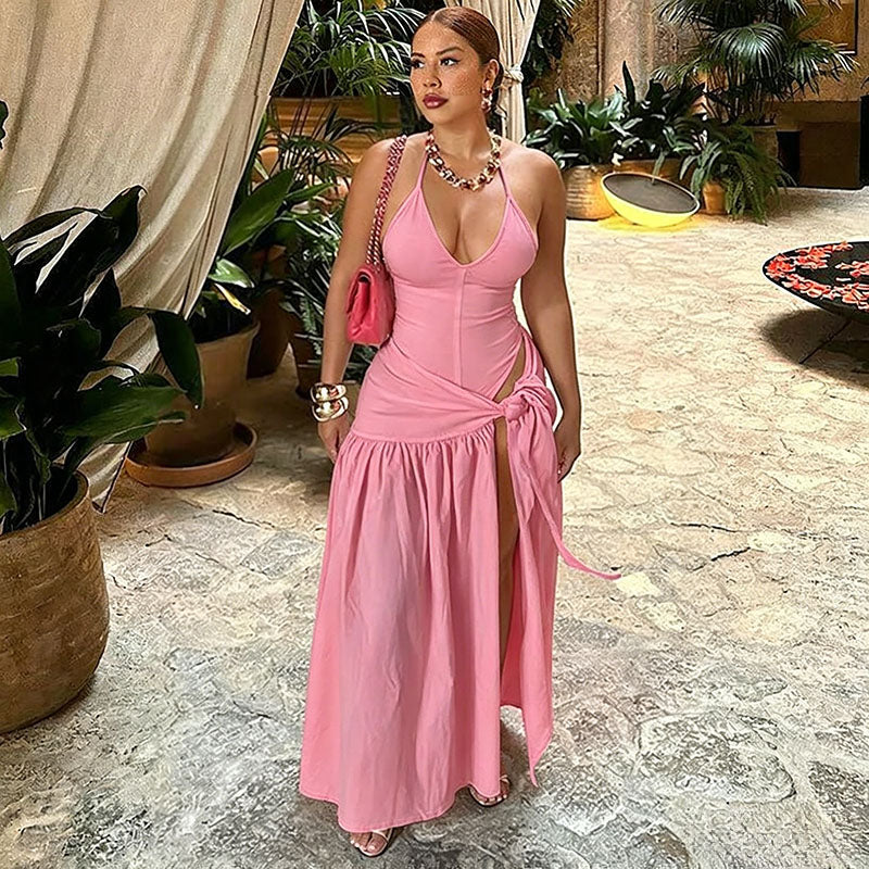 Backless Halter Bodysuit  High Slit Tie Waist Maxi Skirt Set