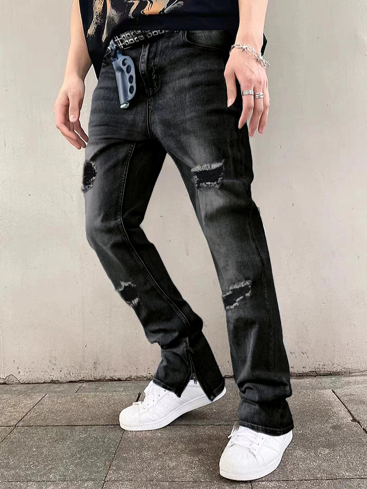 Men's zippered ripped washed high-street jeans
