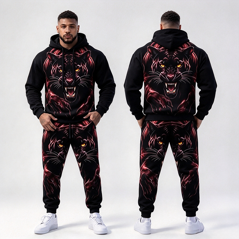 Men's Red Flame Black Panther Print Hooded Suit