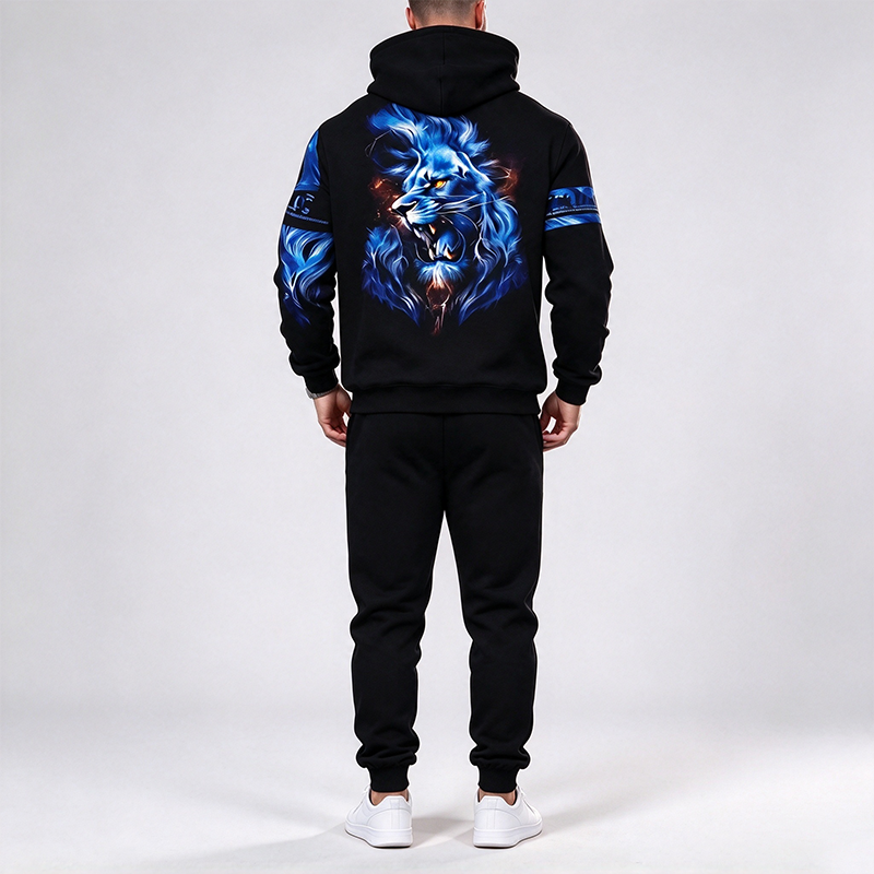 Men's Blue Lion Print Hooded Suit