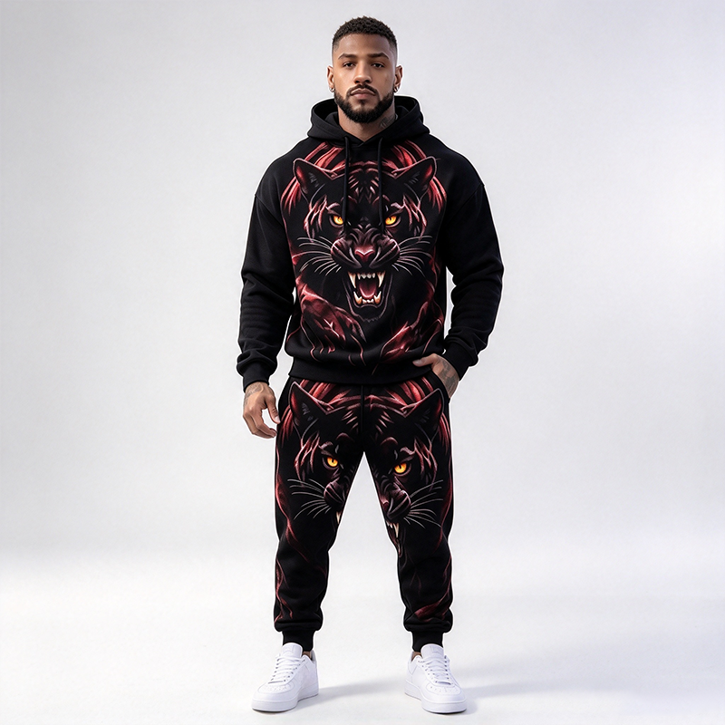 Men's Red Flame Black Panther Print Hooded Suit