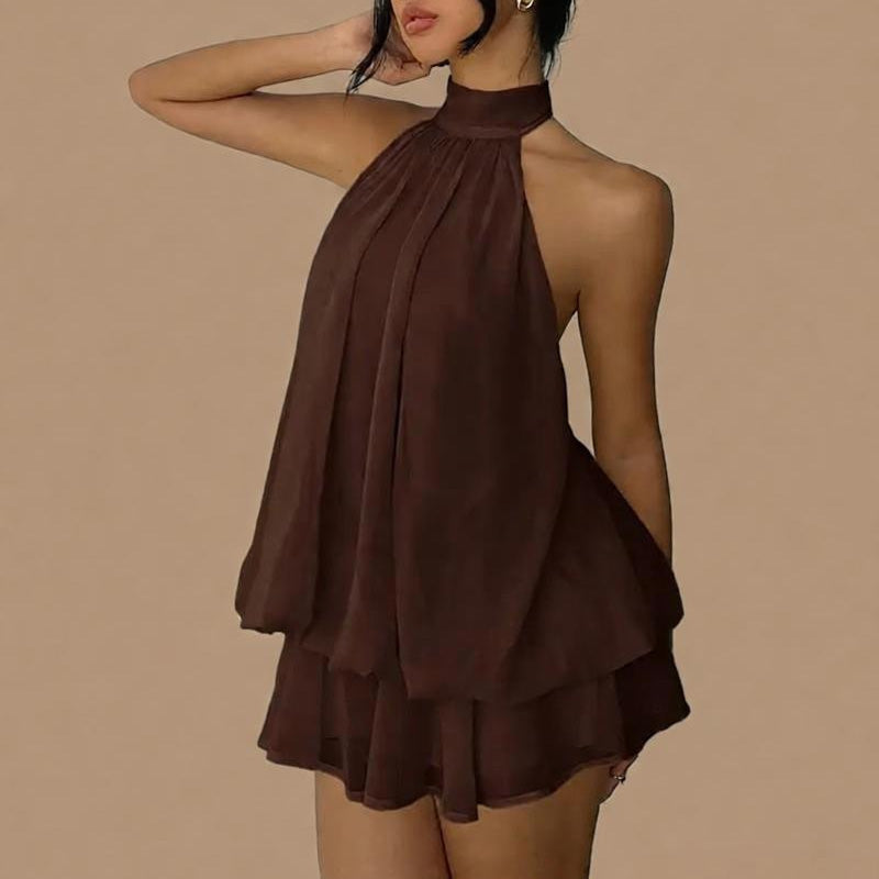 Backless halter-neck layered ruffle dress