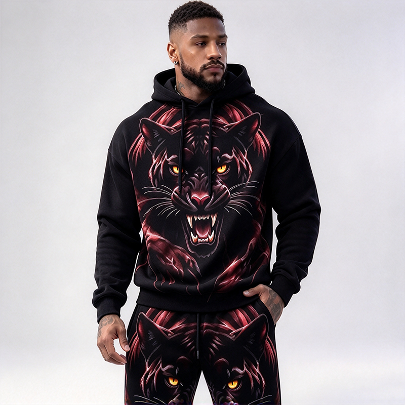 Men's Red Flame Black Panther Print Hooded Suit