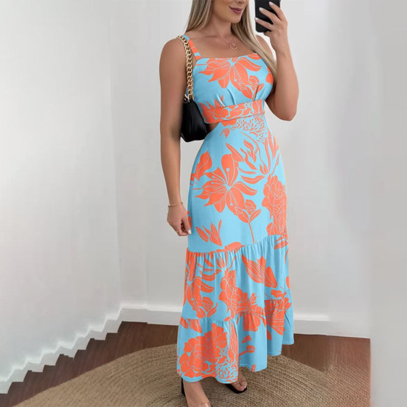 Tropical Leaf-Print Cutout Ruffle Maxi Dress