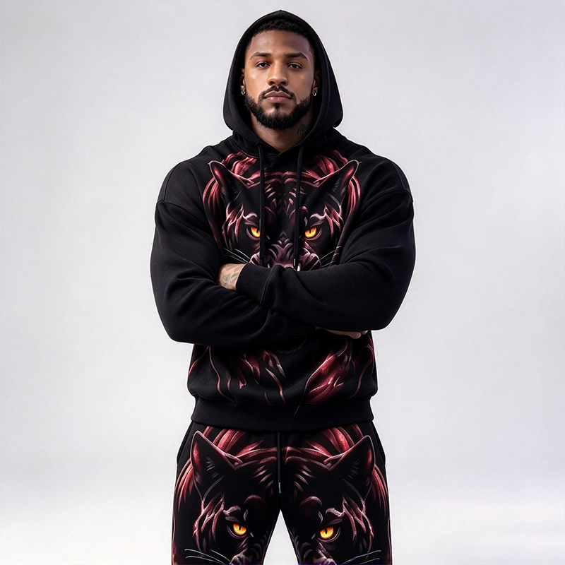 Men's Red Flame Black Panther Print Hooded Suit
