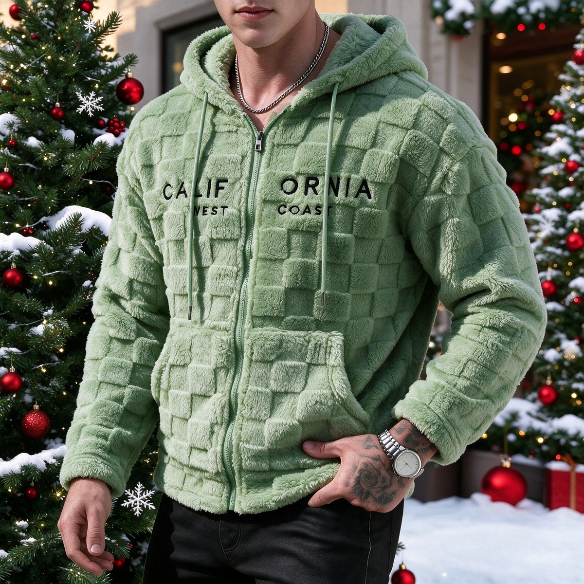 Plush Grid Hooded Jacket
