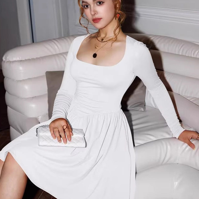 Square neck pleated long sleeve dress