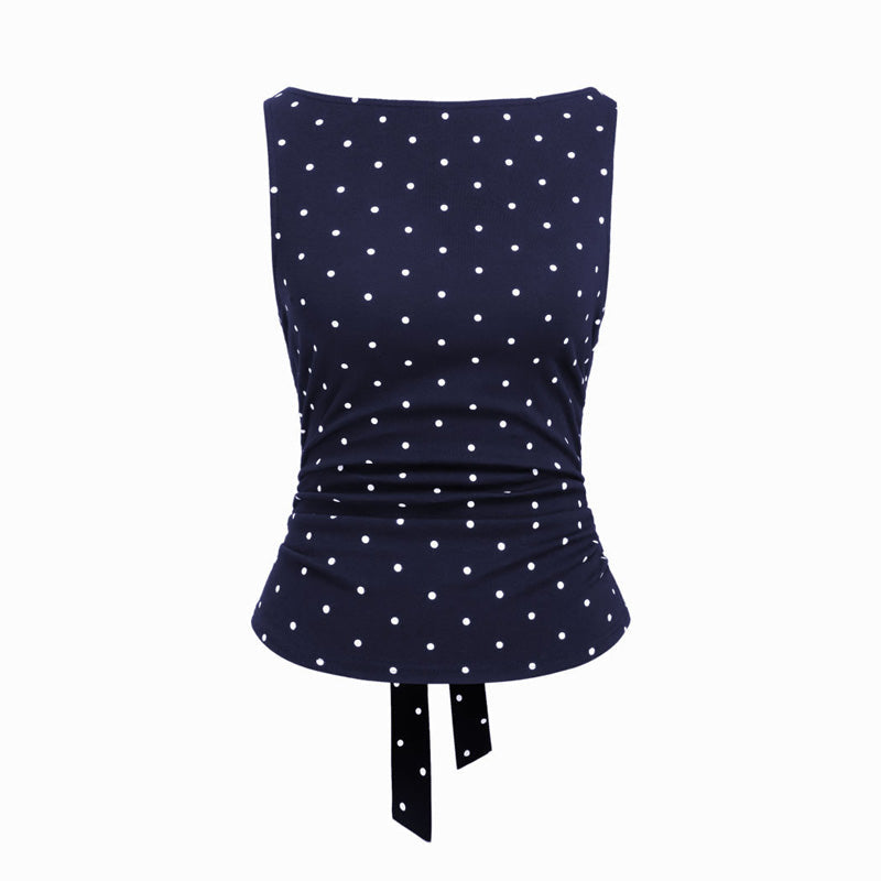 Polka dot backless sleeveless shirt with tie bow