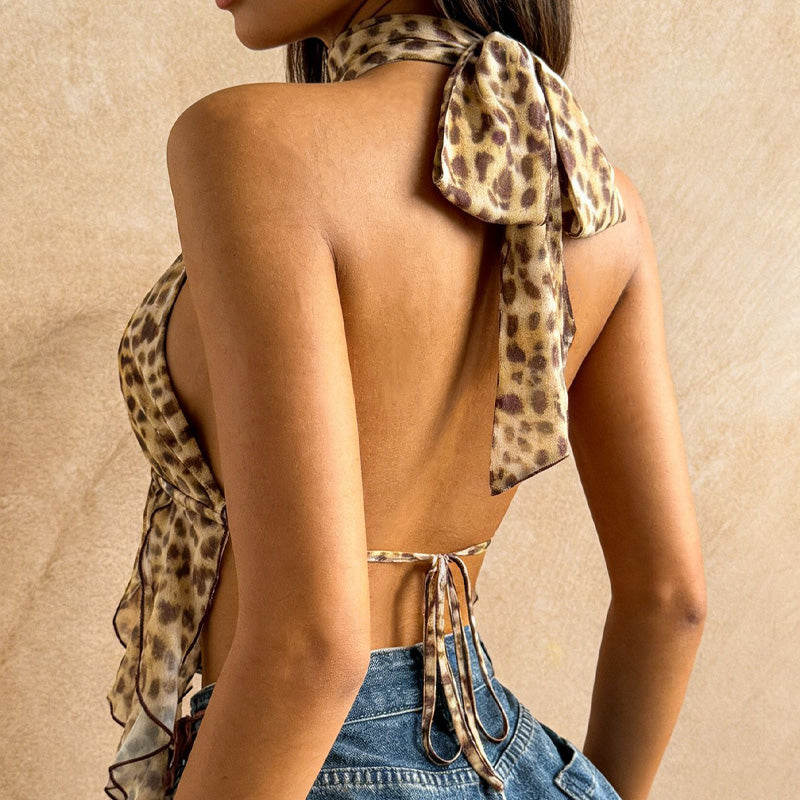 Leopard print deep V-neck open back camisole top