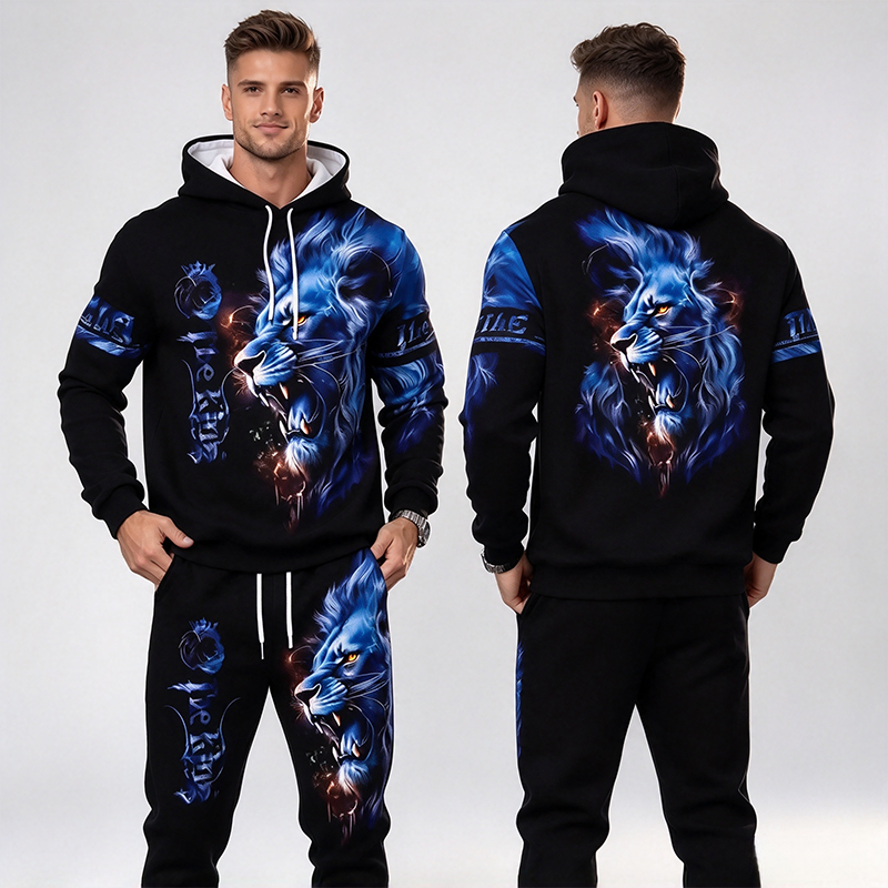 Men's Blue Lion Print Hooded Suit