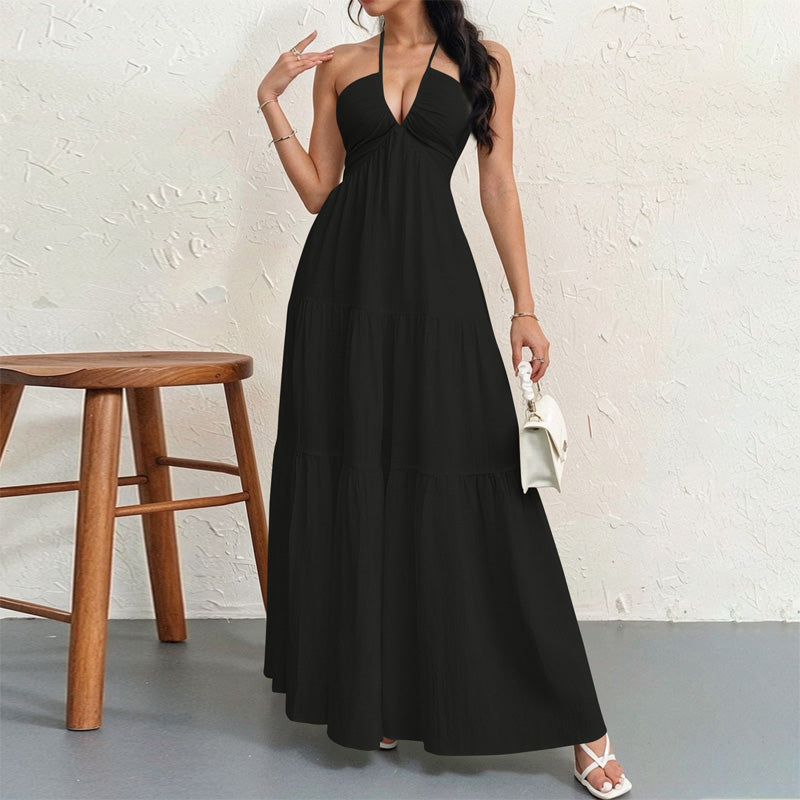 Backless halter-neck layered flowing long dress