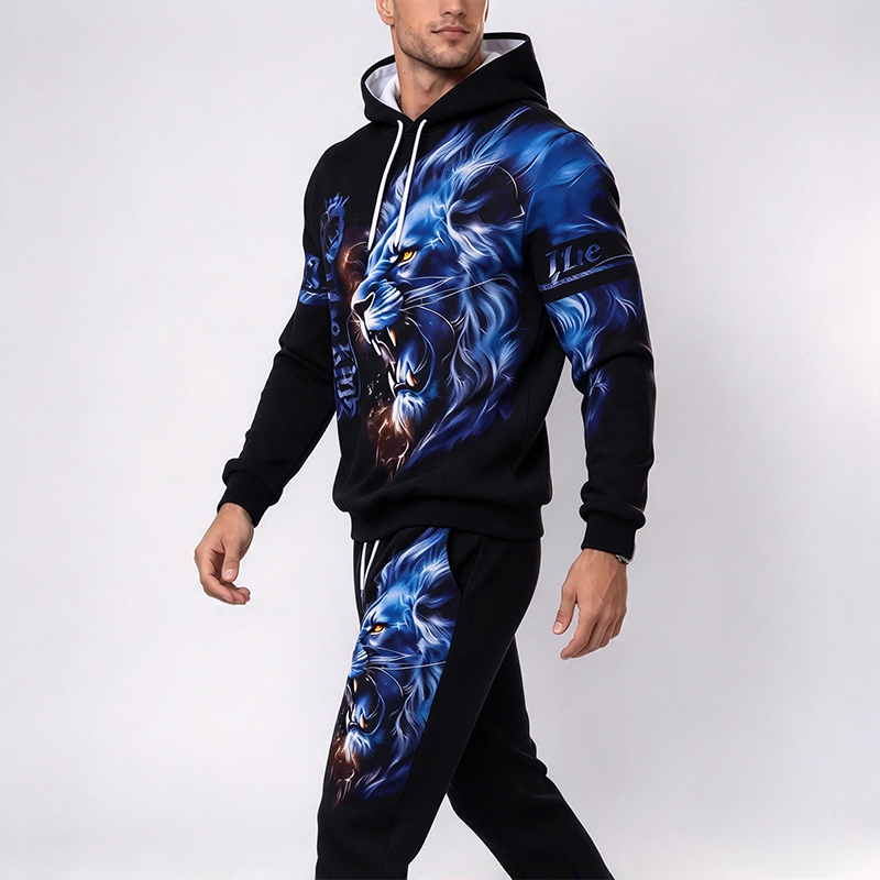 Men's Blue Lion Print Hooded Suit