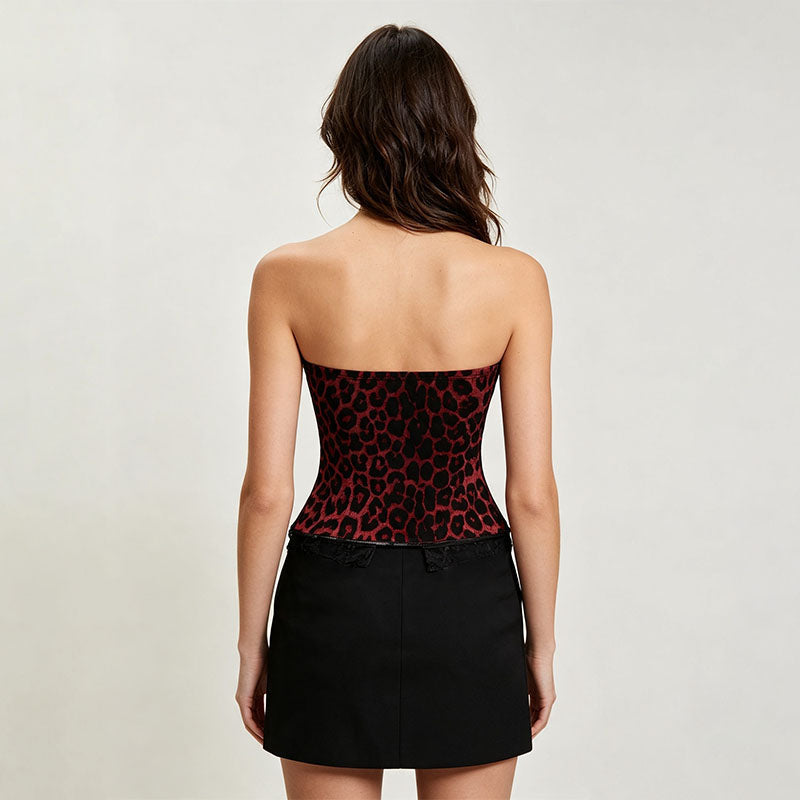 Leopard-print lace-trim tube top
