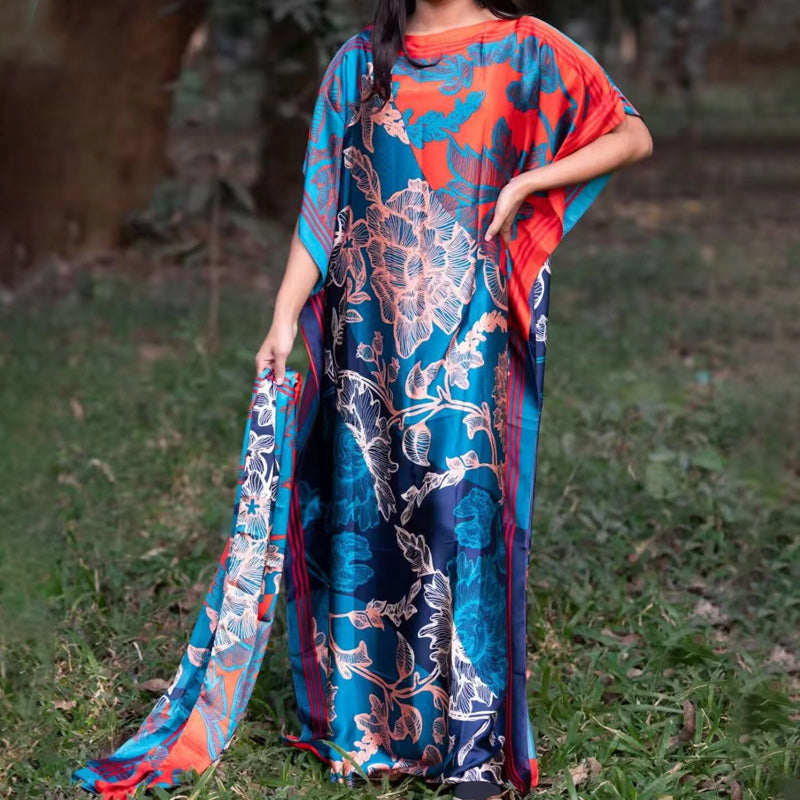 Satin Geometric Print Long Dress Set