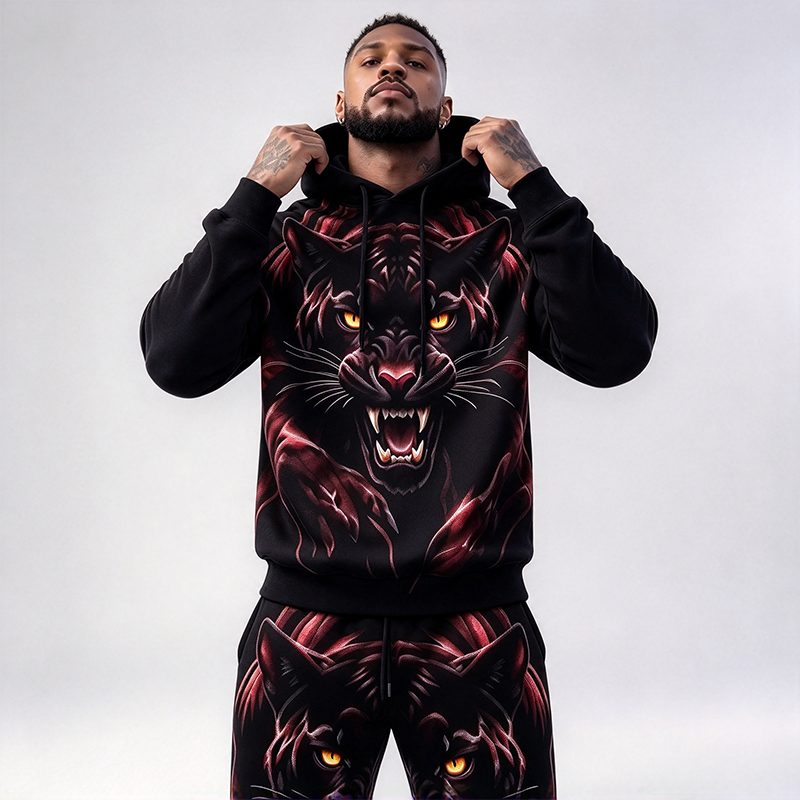Men's Red Flame Black Panther Print Hooded Suit