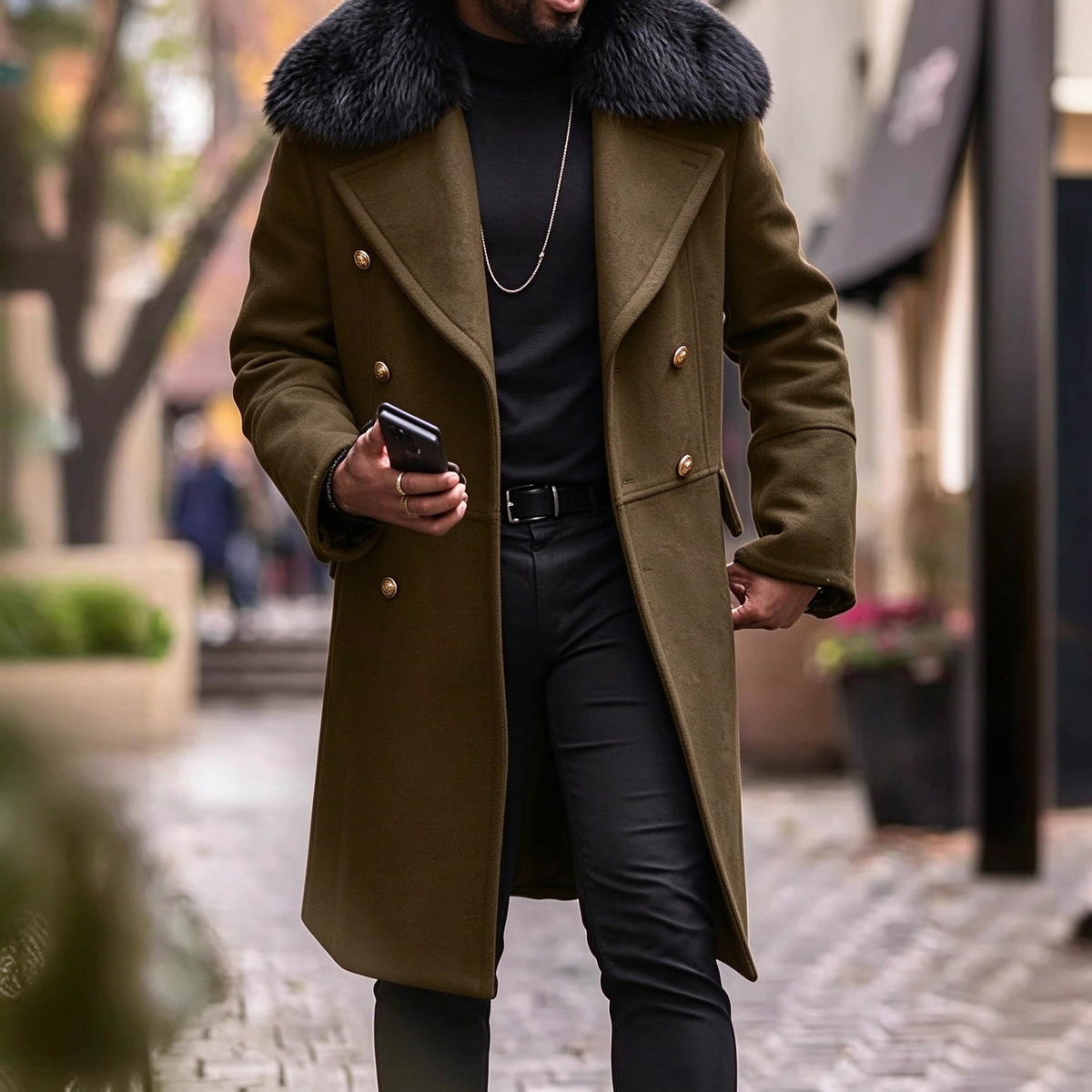 Classic Furry Collar Long Winter Coat For Men