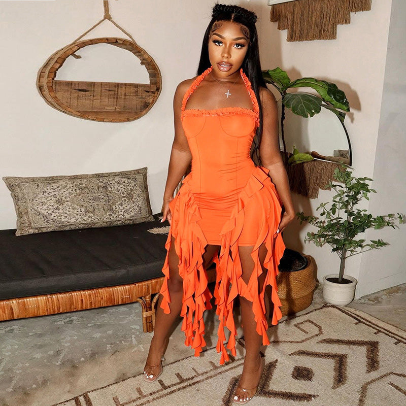 Halter neck ruffled fitted dress