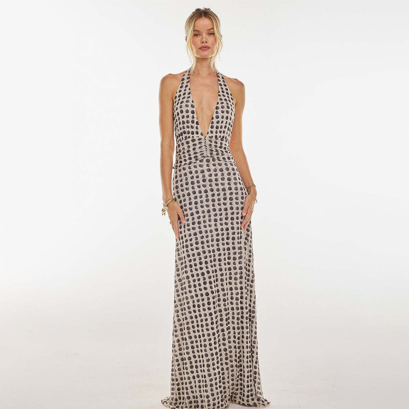 Floral print halter neck backless tie-up maxi dress
