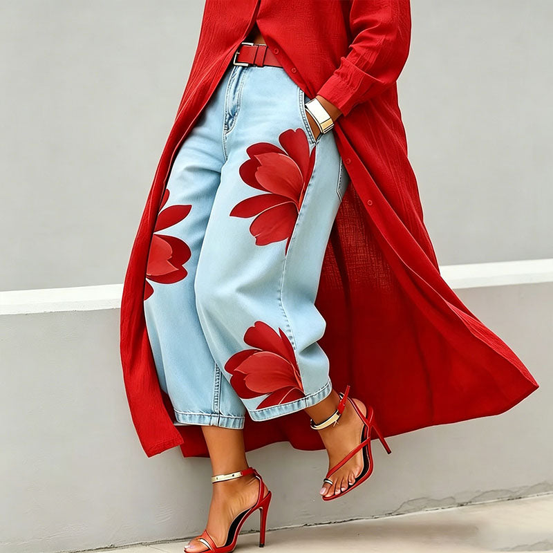 Printed straight-leg wide-leg cropped jeans