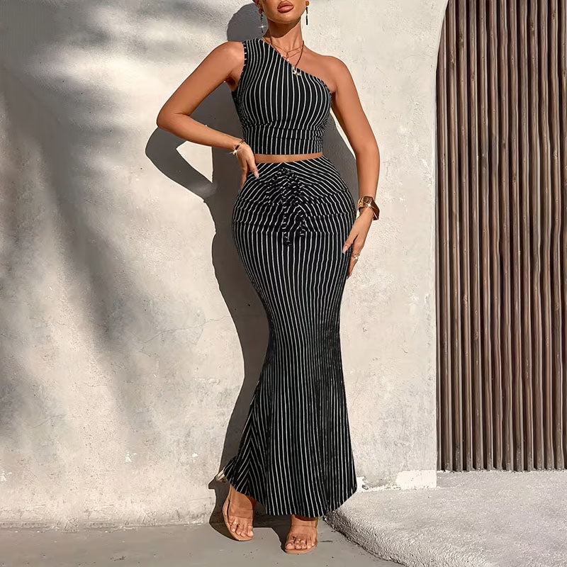 One-shoulder striped cropped top and fishtail skirt set