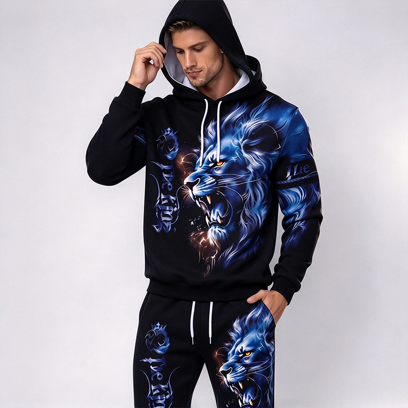 Men's Blue Lion Print Hooded Suit