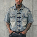 Men's Chinese-Style Frog Button Washed Denim Short-Sleeve Shirt