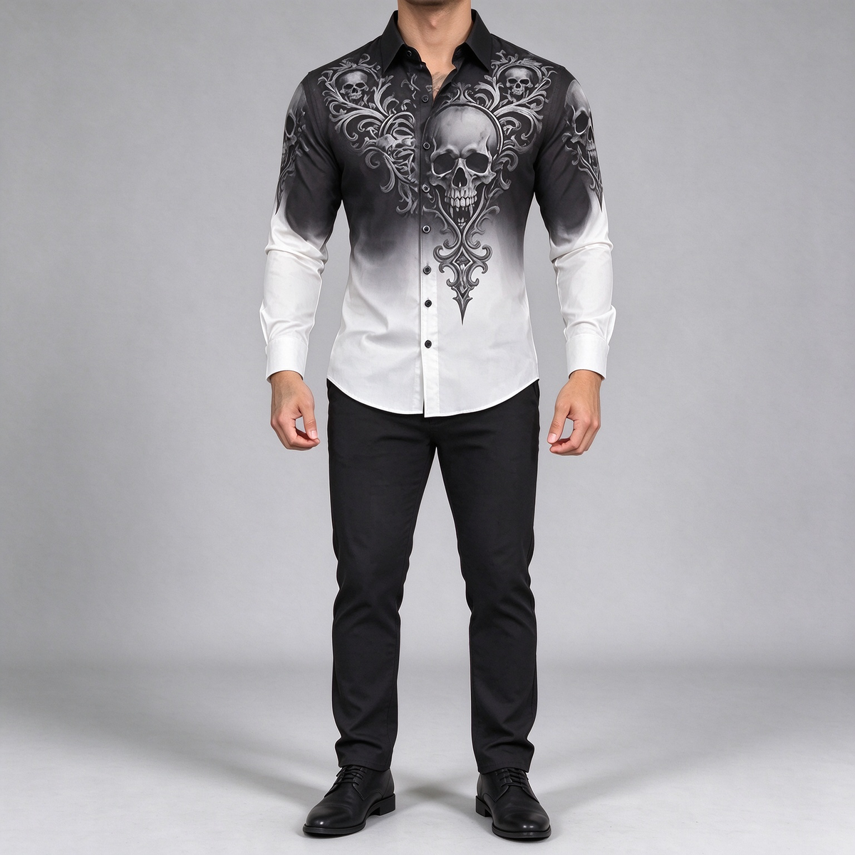 Black and white gradient skull print shirt