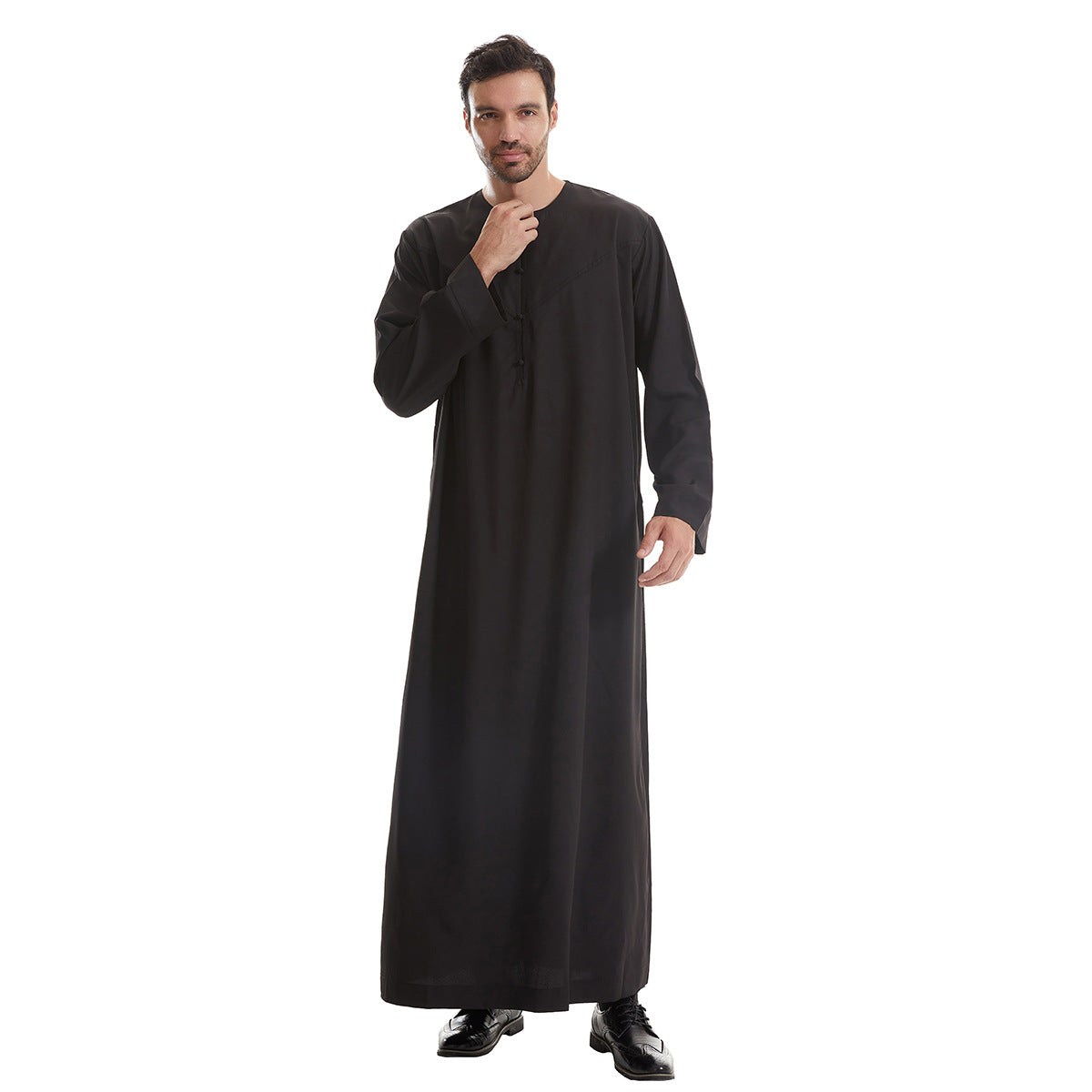 Men's solid color long Muslim robe with pockets