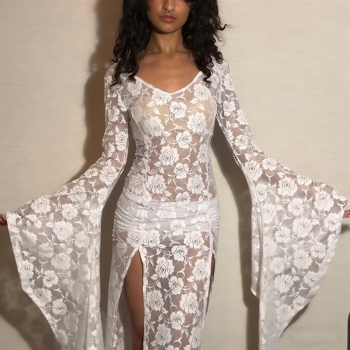 Gothic  Lace Bell Sleeve Slit Maxi Dress