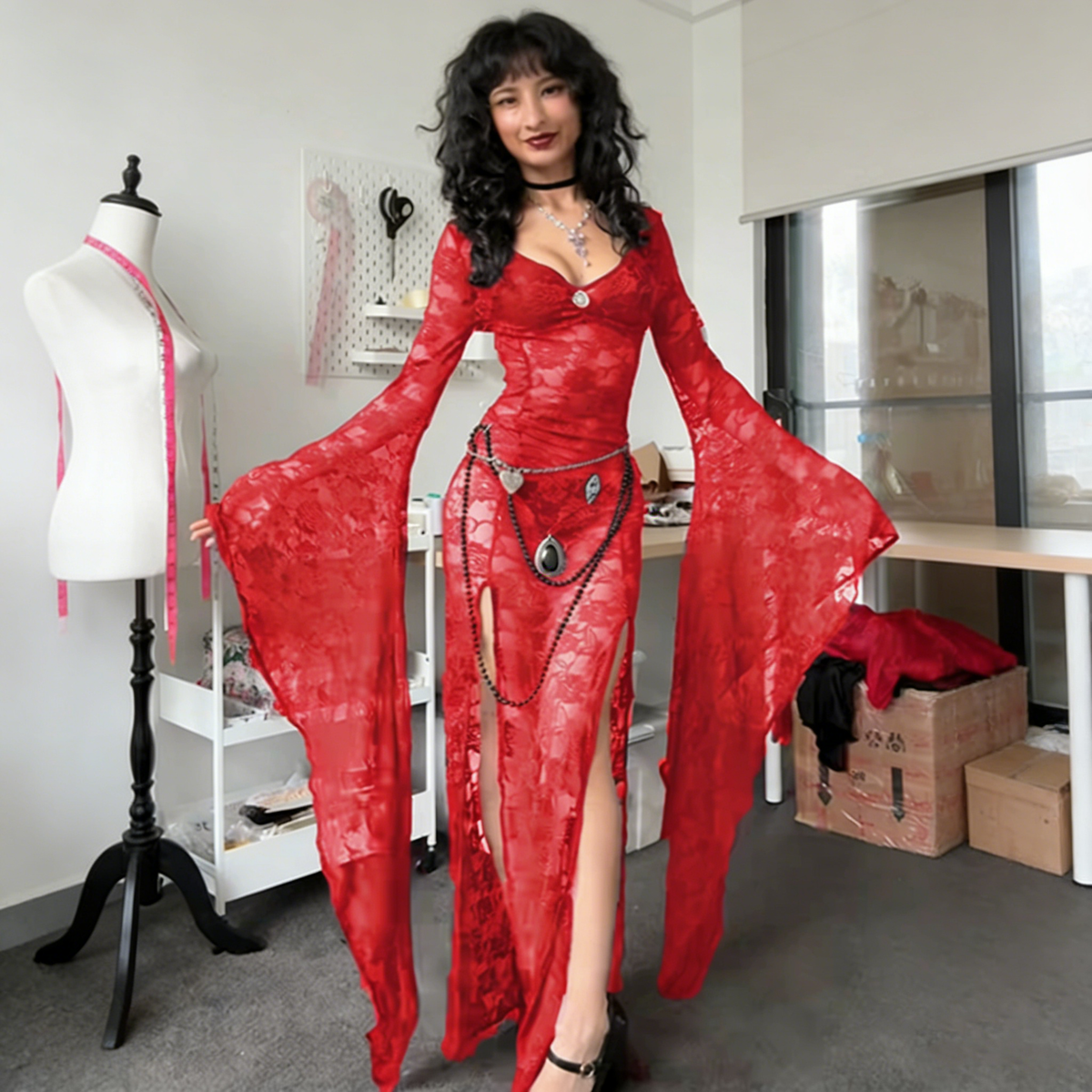 Gothic  Lace Bell Sleeve Slit Maxi Dress