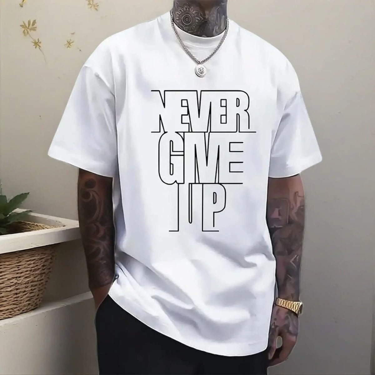 Men's pure cotton inspirational letter print crew neck short-sleeved shirt