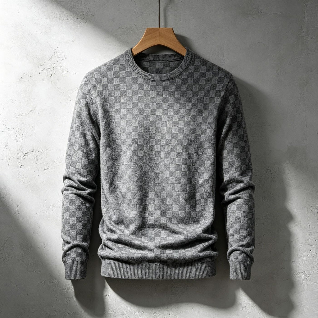 Checkered Jacquard Crew Neck Mens Sweater