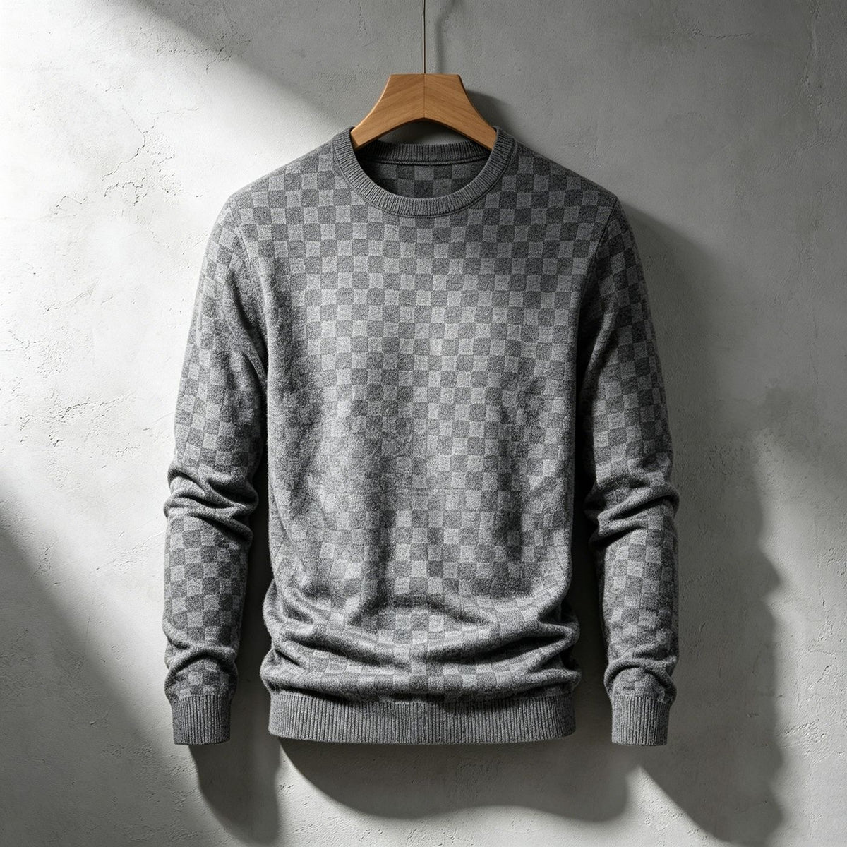 Checkered Jacquard Crew Neck Mens Sweater