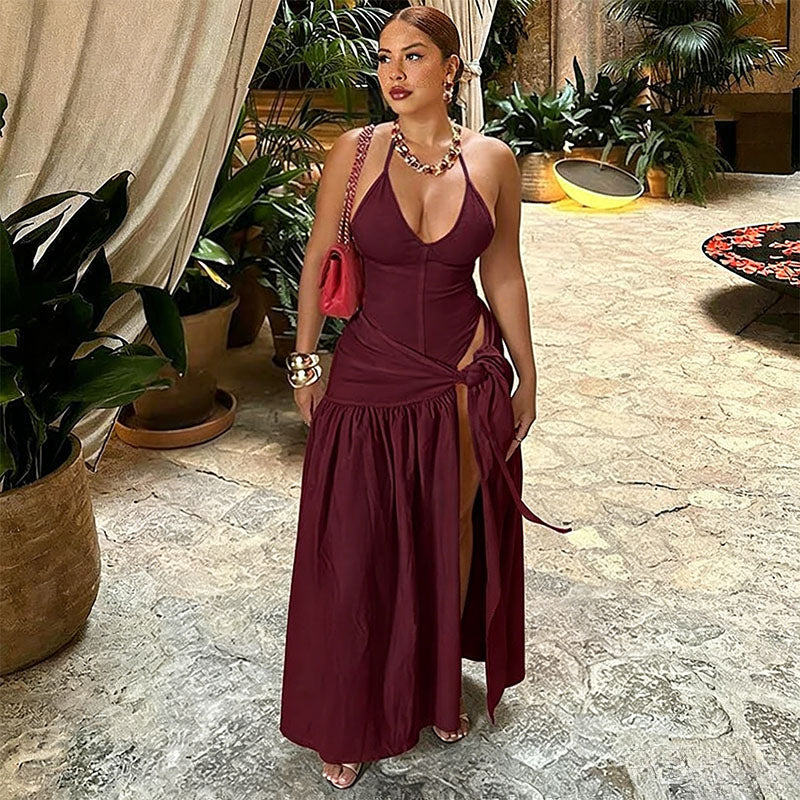 Backless Halter Bodysuit  High Slit Tie Waist Maxi Skirt Set