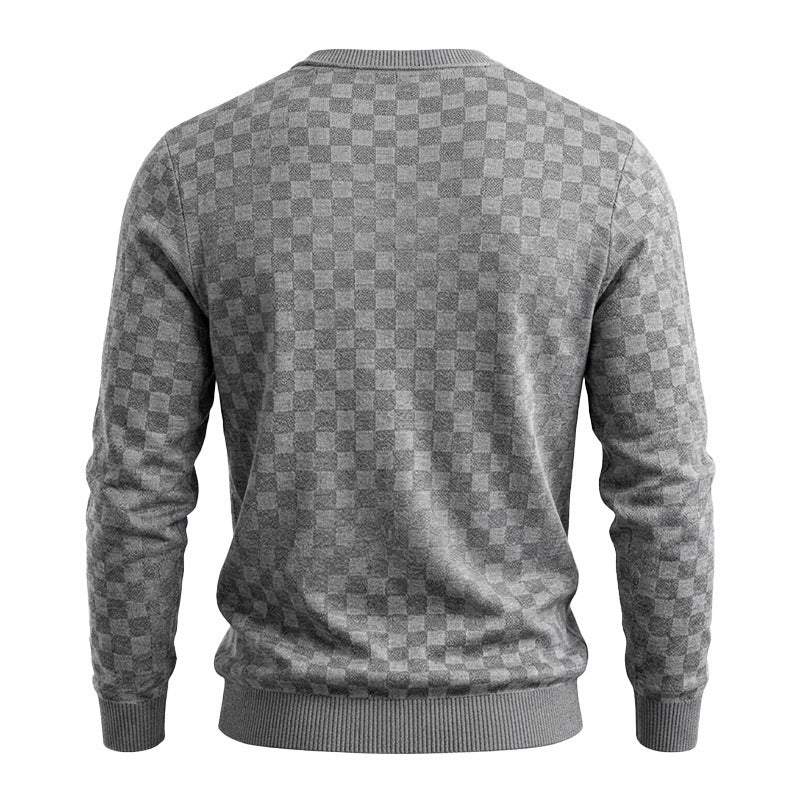 Checkered Jacquard Crew Neck Mens Sweater