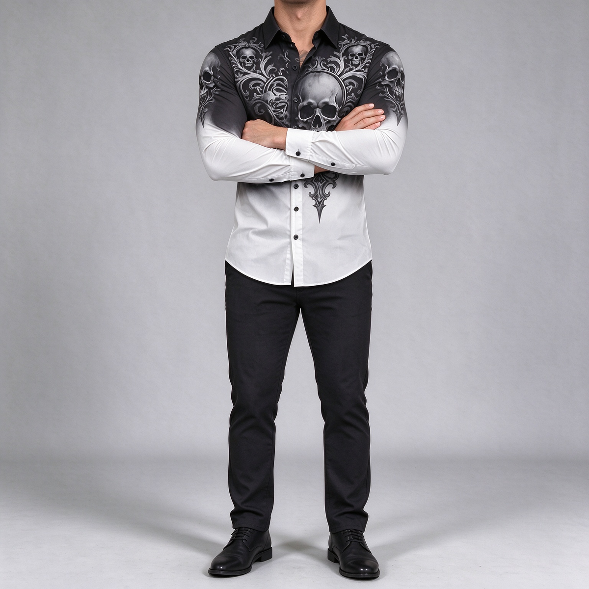 Black and white gradient skull print shirt