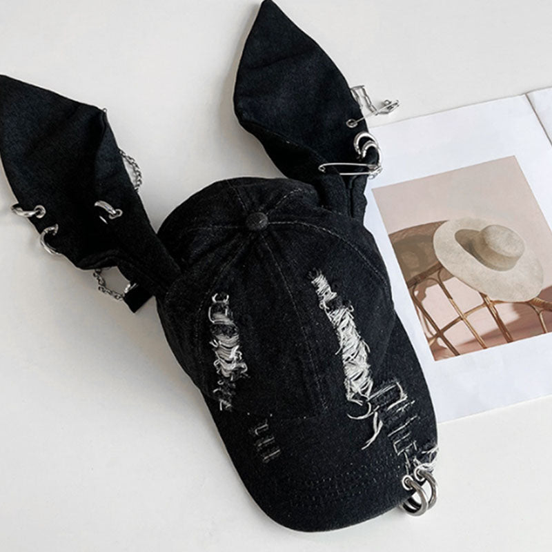 Ripped denim animal ear street style hat