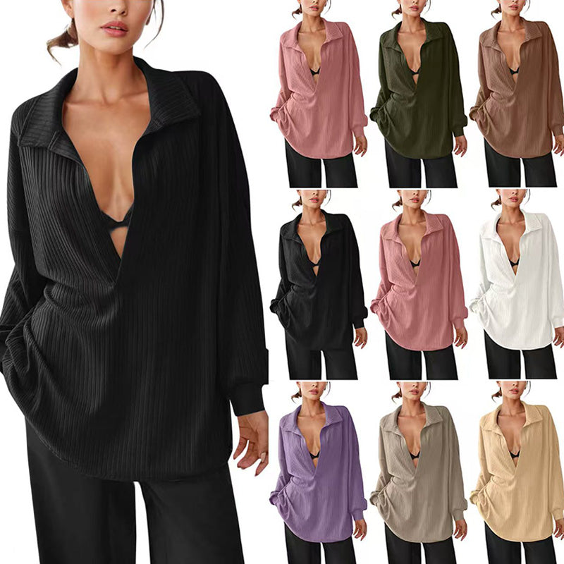 Ribbed V-neck long-sleeved knit sweater