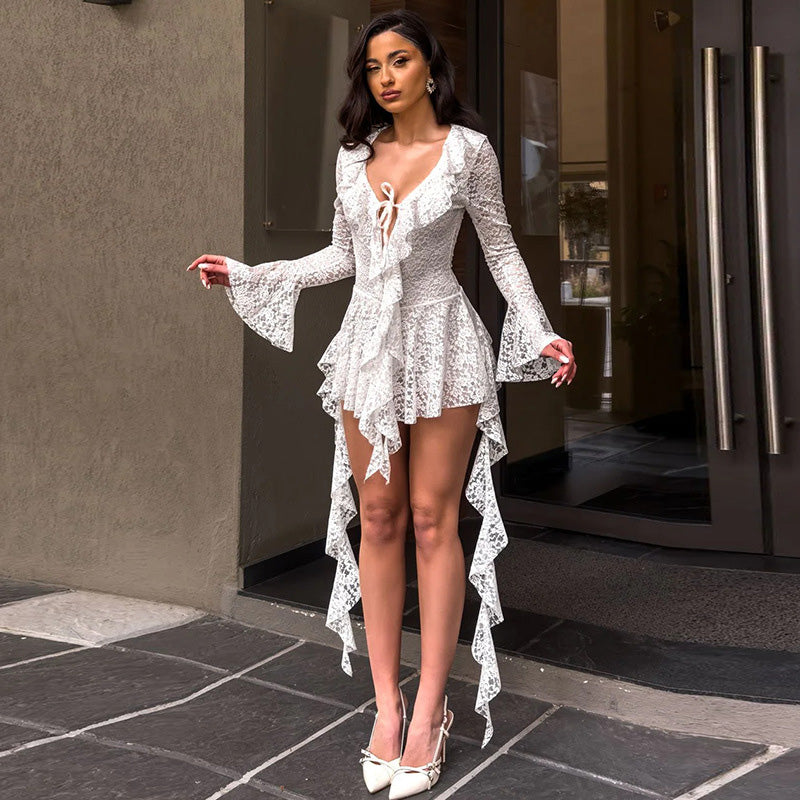Deep V-neck Lace Ruffle Tie-up Long Sleeve Mini Dress