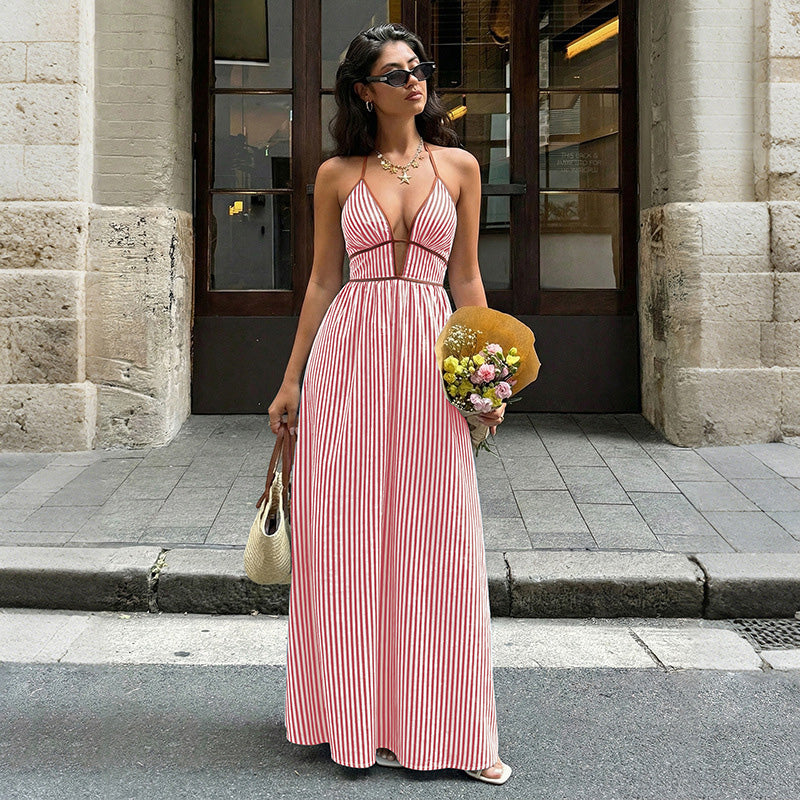 Retro striped rope-trimmed suspender maxi dress
