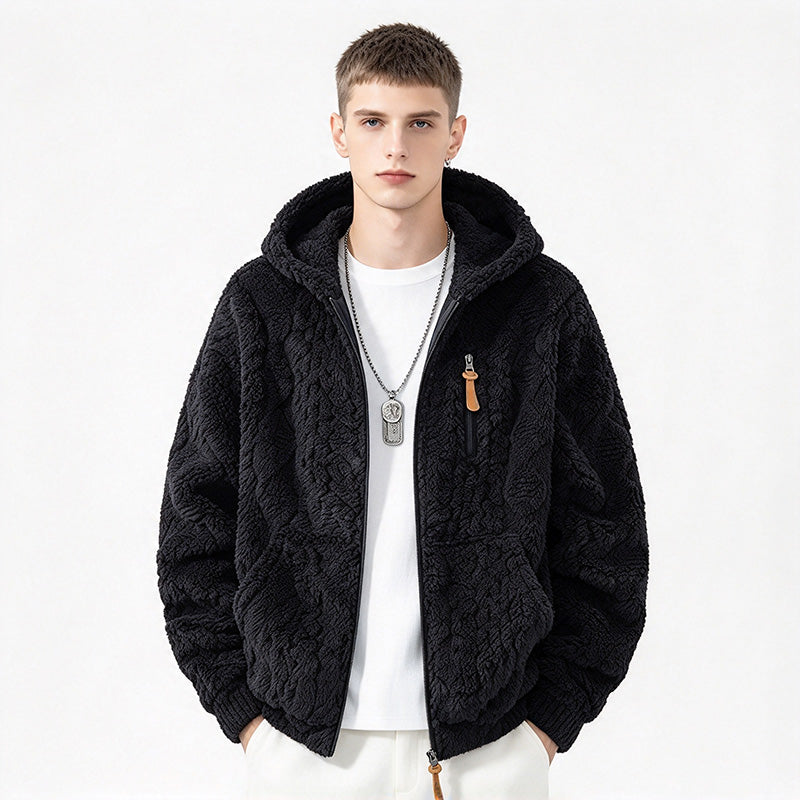 Men's fleece-lined hooded loose-fitting jacket