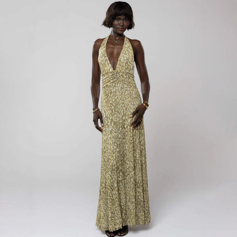 Floral print halter neck backless tie-up maxi dress