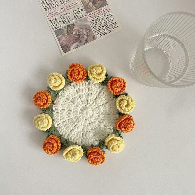 3D Floral Knitted Coaster and Storage Basket Set