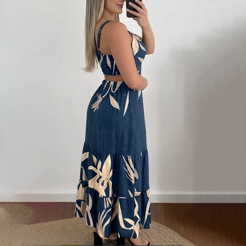 Tropical Leaf-Print Cutout Ruffle Maxi Dress