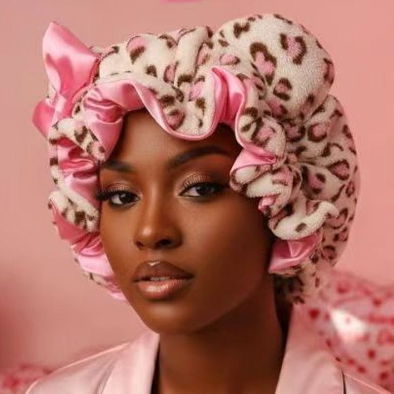 3D Ear Bow Leopard Print Satin Night Cap