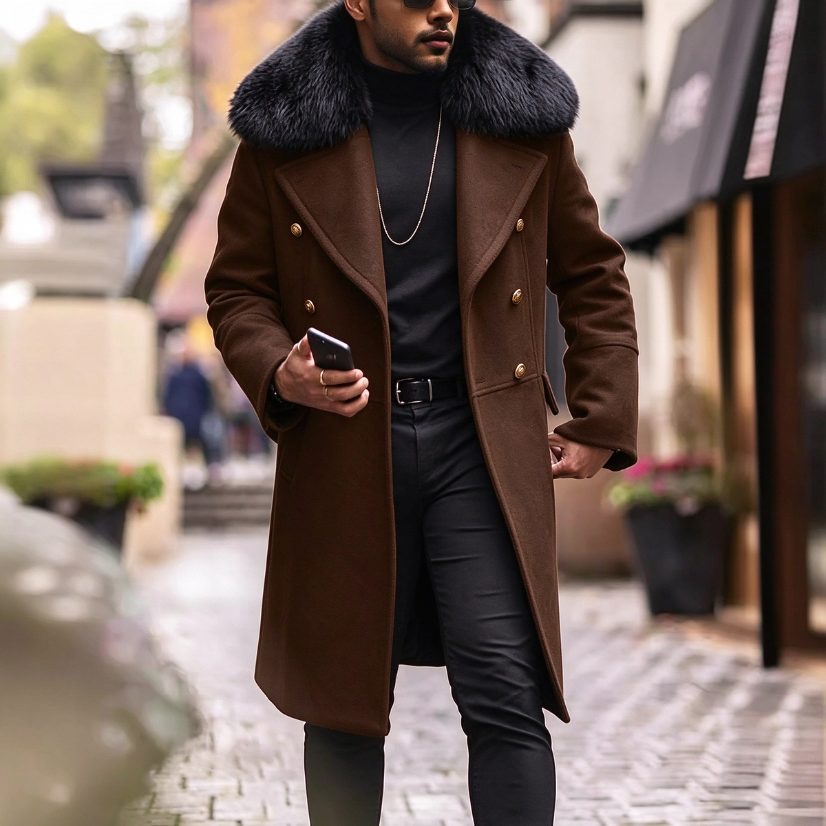 Classic Furry Collar Long Winter Coat For Men