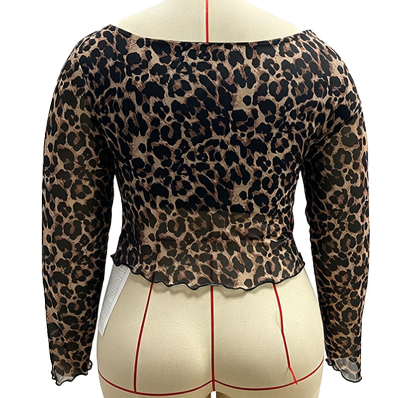 Plus-size leopard print one-shoulder drawstring top