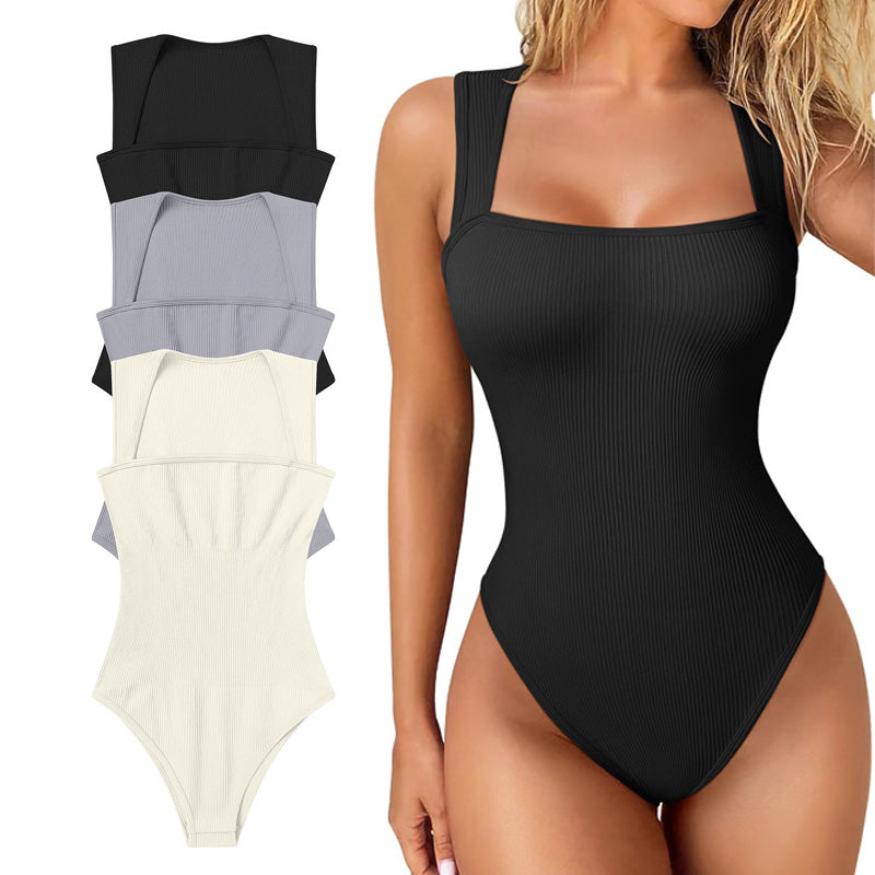 Ribbed square neck textured high-slit jumpsuit