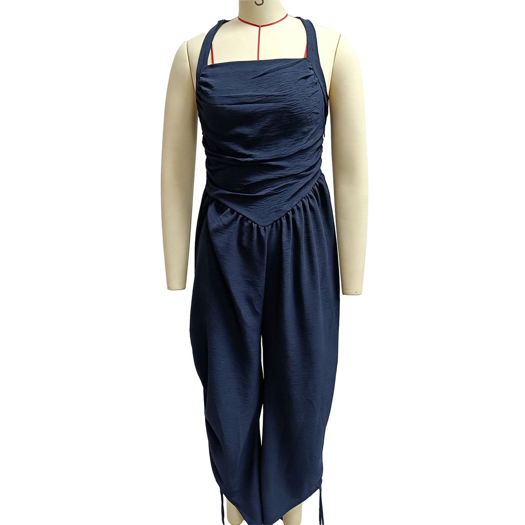 Square-neck back-tie loose harem jumpsuit