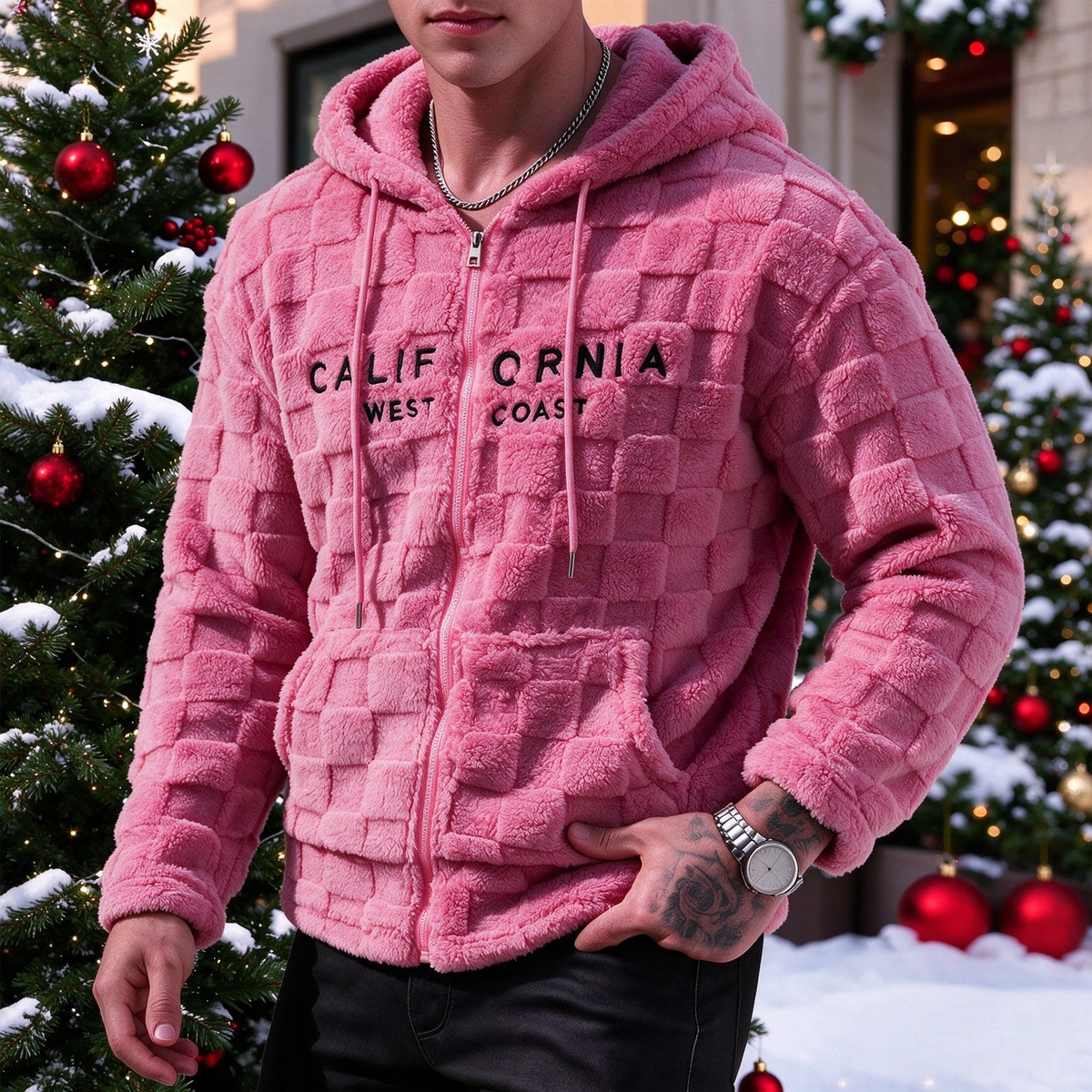 Plush Grid Hooded Jacket